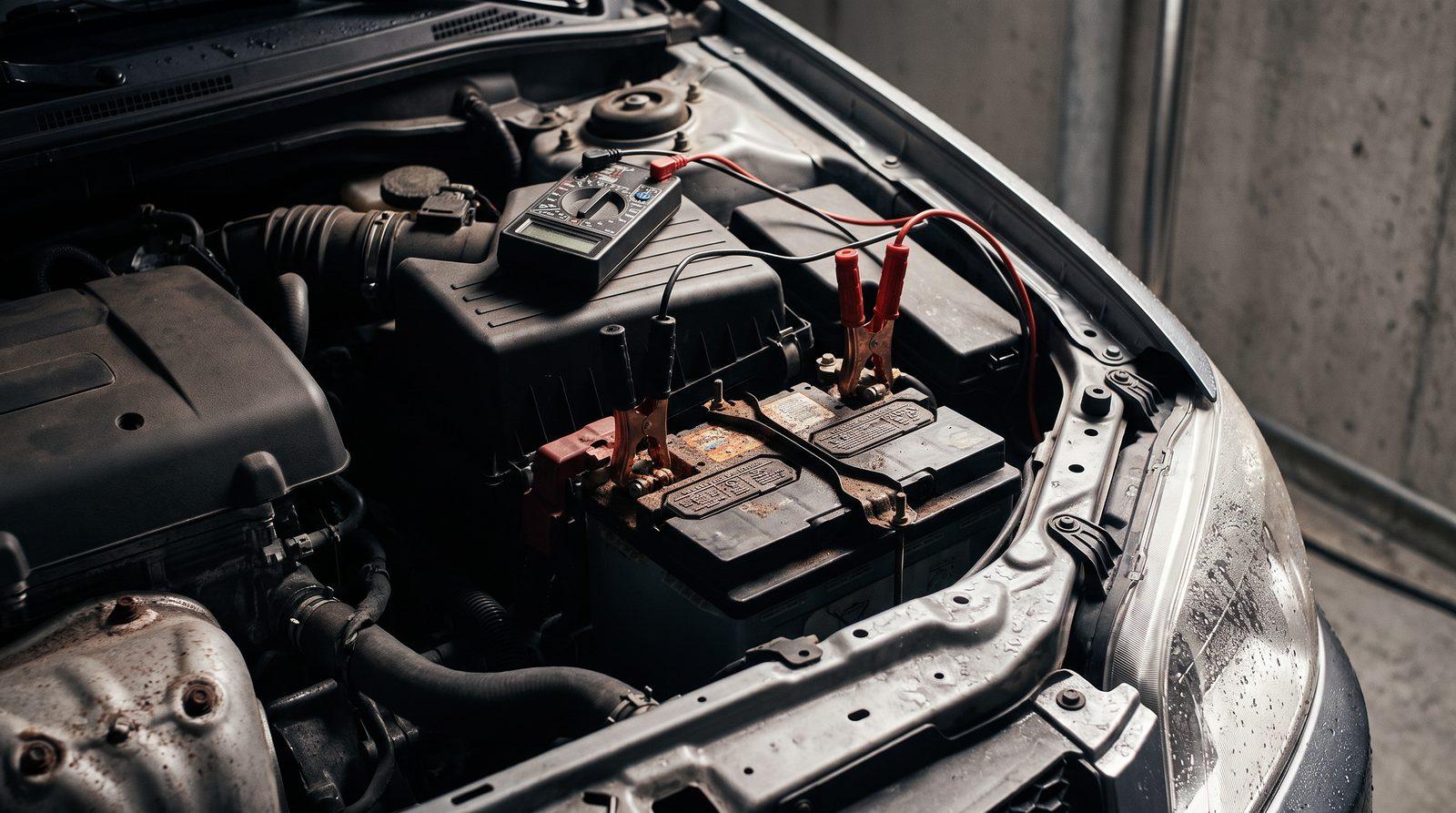 An engine bay on a damp morning: a car battery with corroded terminals, jump lead clamps attached, and a multimeter resting nearby.