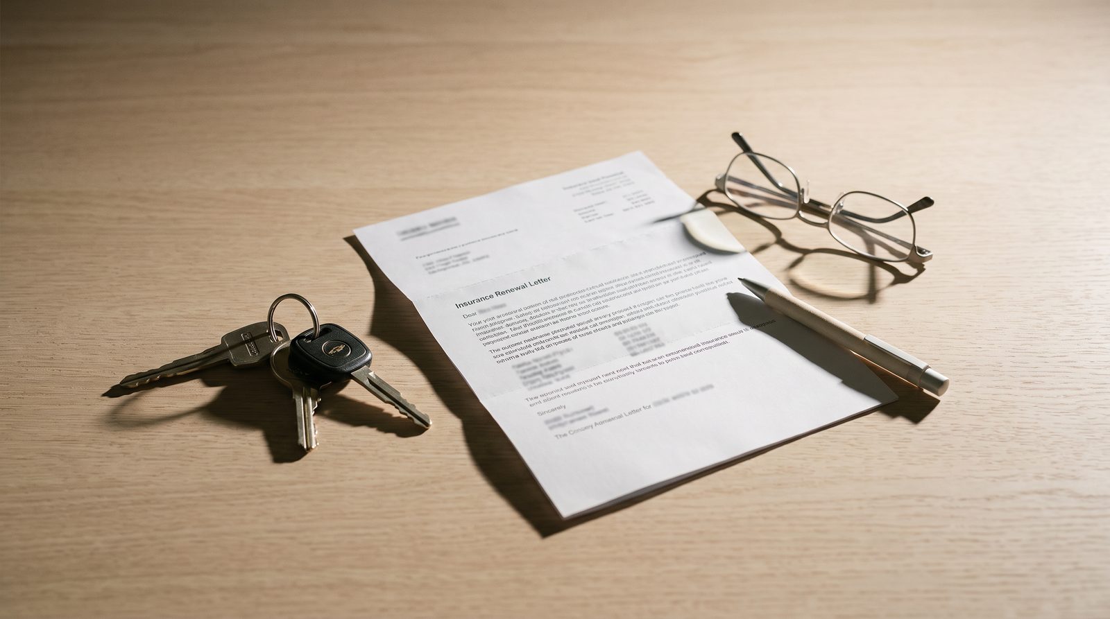 A car key fob, a folded insurance renewal letter, reading glasses and a pen on a pale wooden desk in daylight.